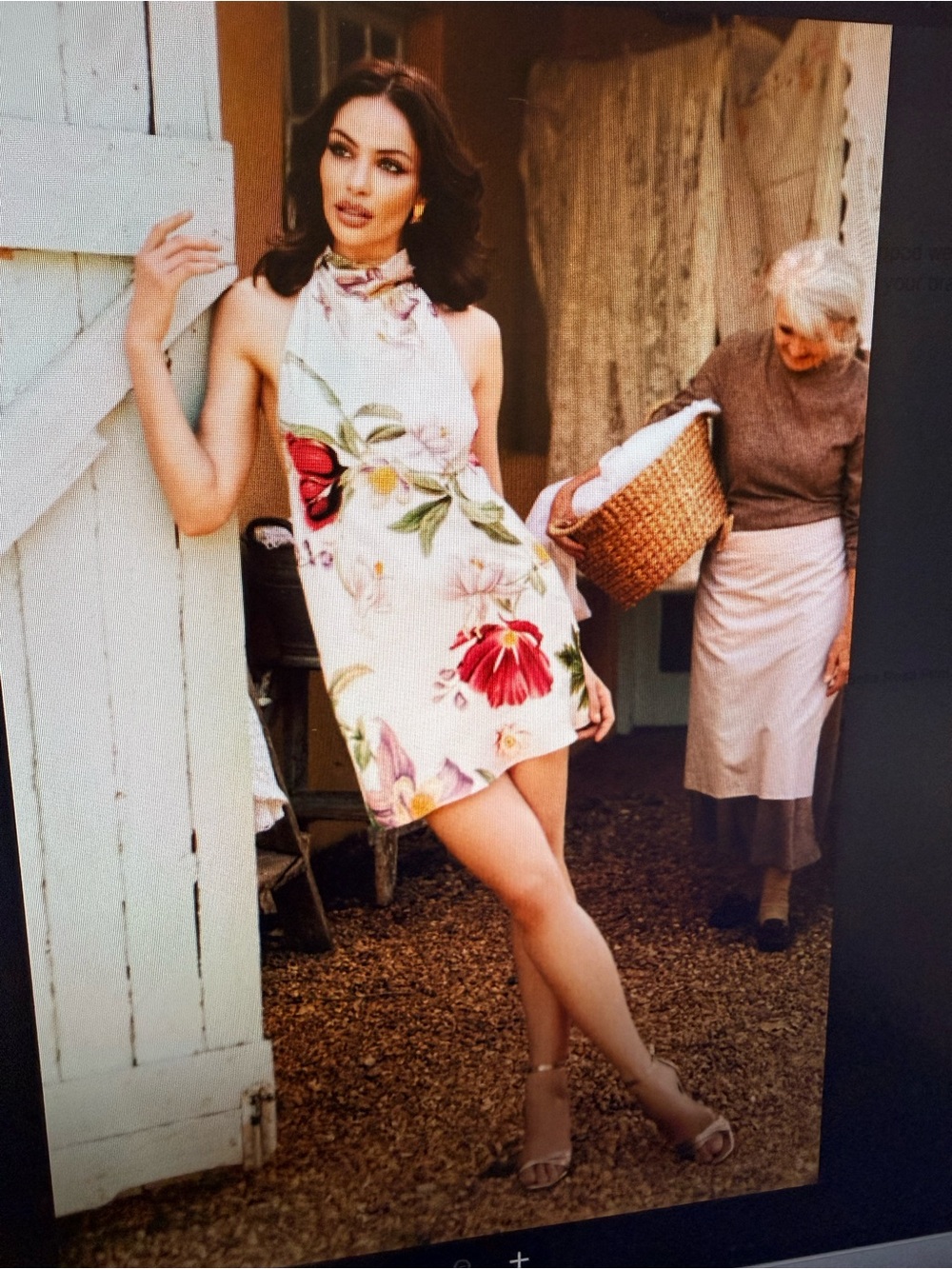 Meshki White Halter Mini Dress with Red Floral Print